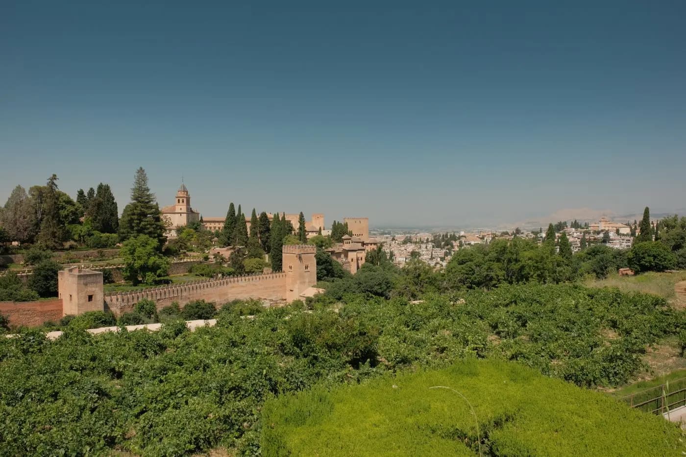 Panoramic view of the Alhambra and its gardens under a blue sky