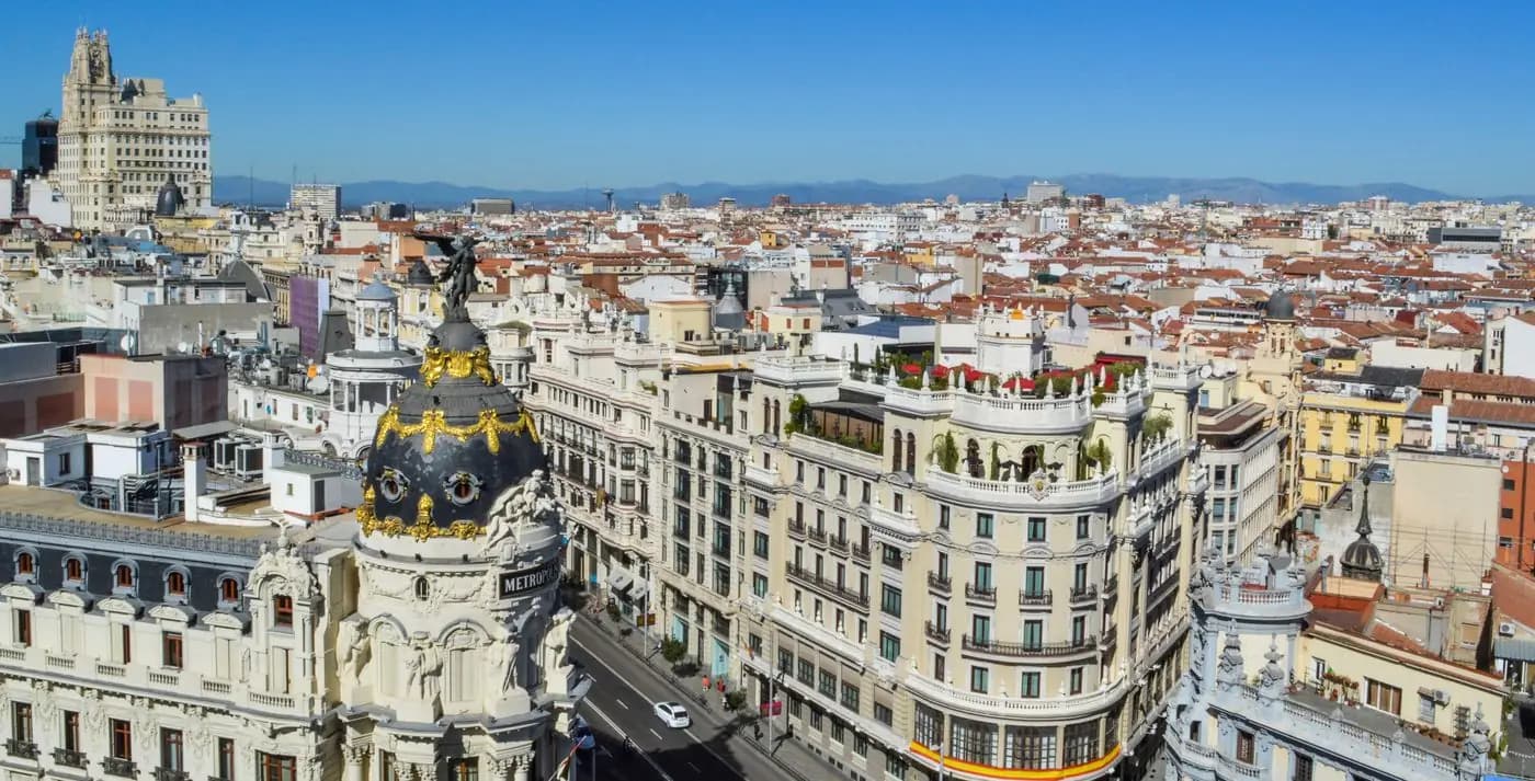Aerial view of Madrid's Gran Vía and rooftops