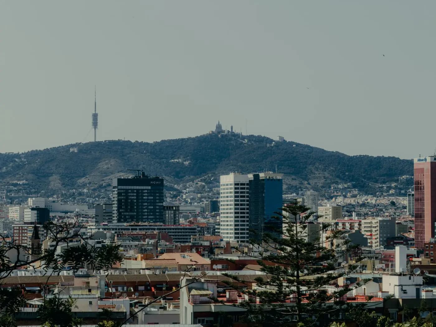 Barcelona skyline with the Collserola tower and Tibidabo hill