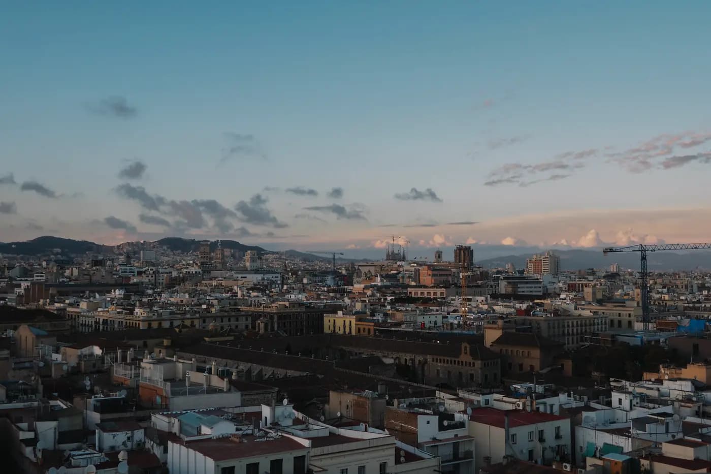 Aerial view of Barcelona at sunset