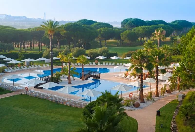 Large outdoor pool surrounded by pines at El Rompido