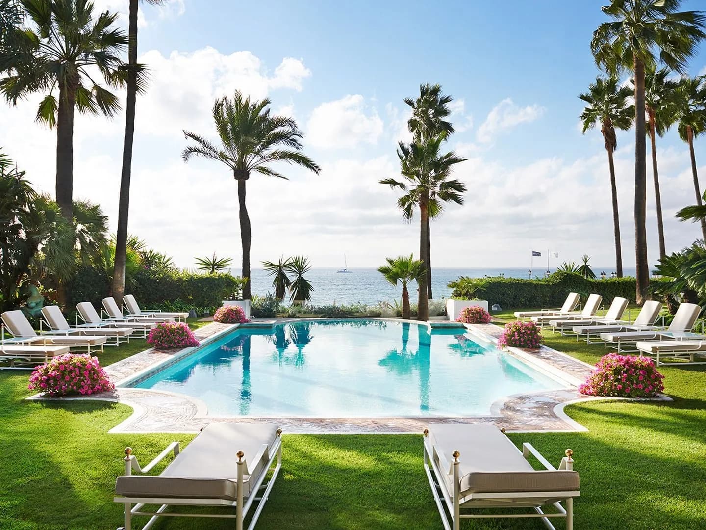 Pool lined with palm trees and sun loungers, with sea views