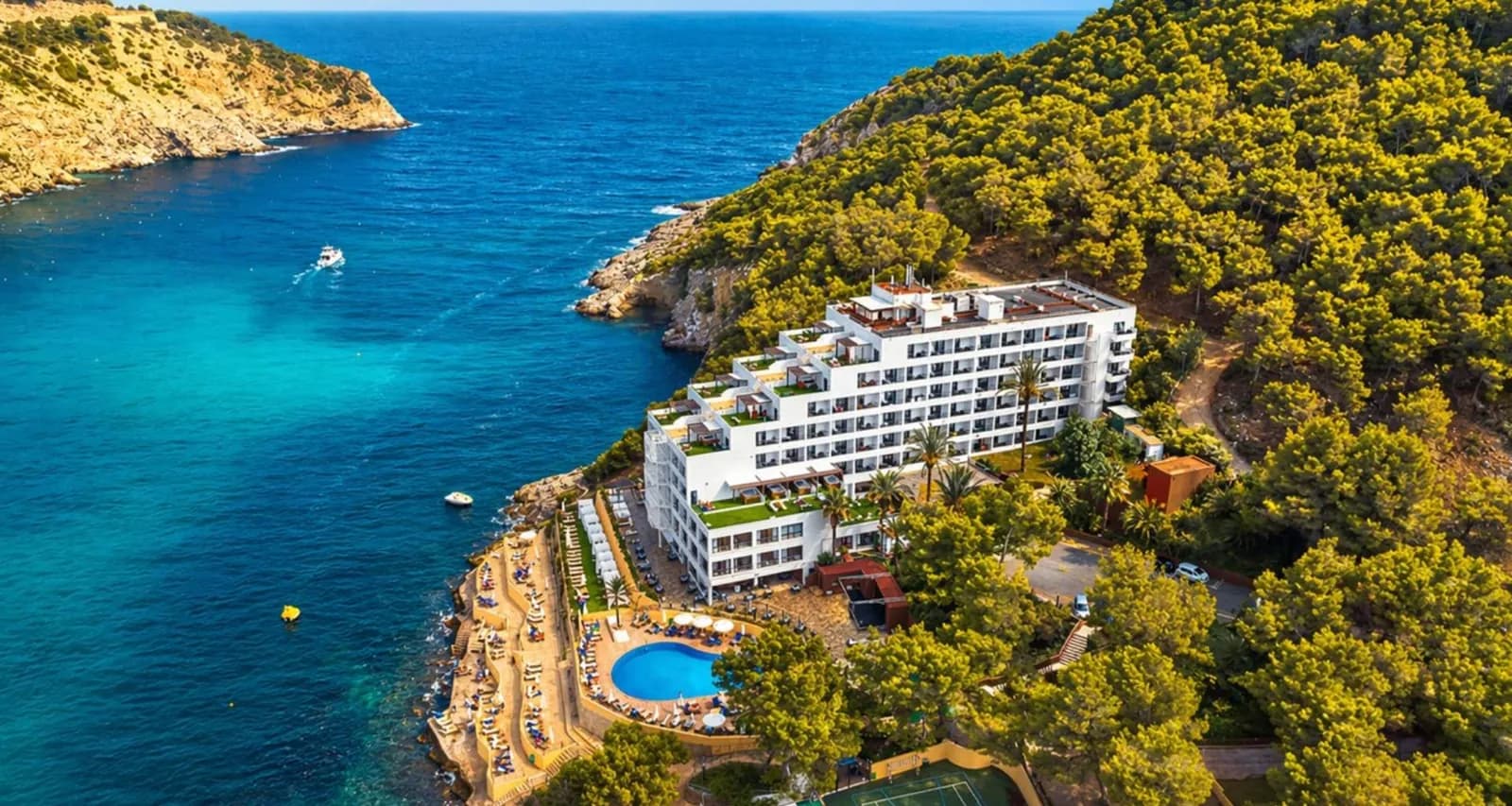 Aerial view of Palladium Hotel Cala Llonga in the cove, Ibiza