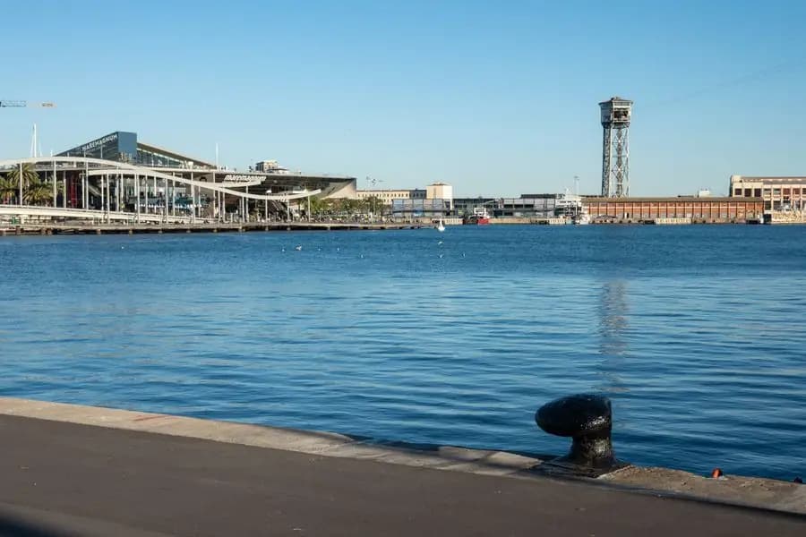 Port Vell waterfront in Barcelona with calm water