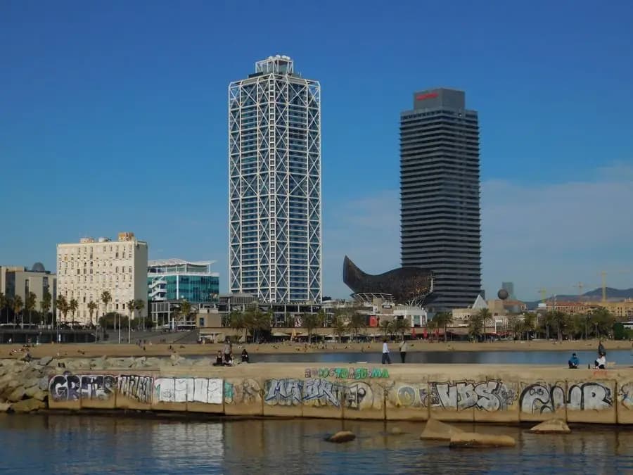 Barcelona skyline with the W hotel and Barceloneta beach
