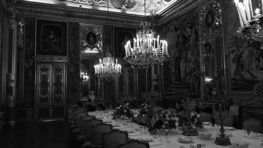 Grand black and white dining hall with chandeliers