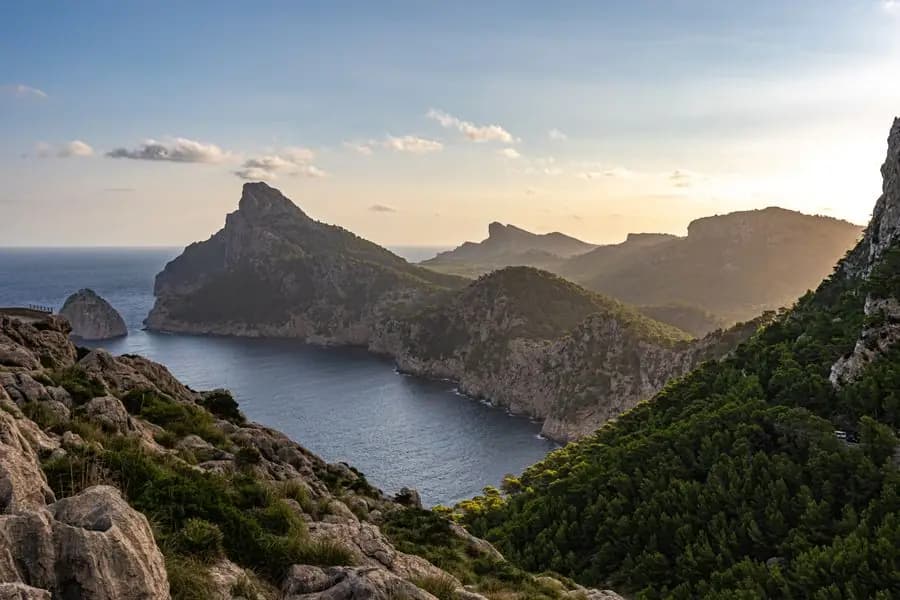 Cap de Formentor cliffs at sunset above the sea