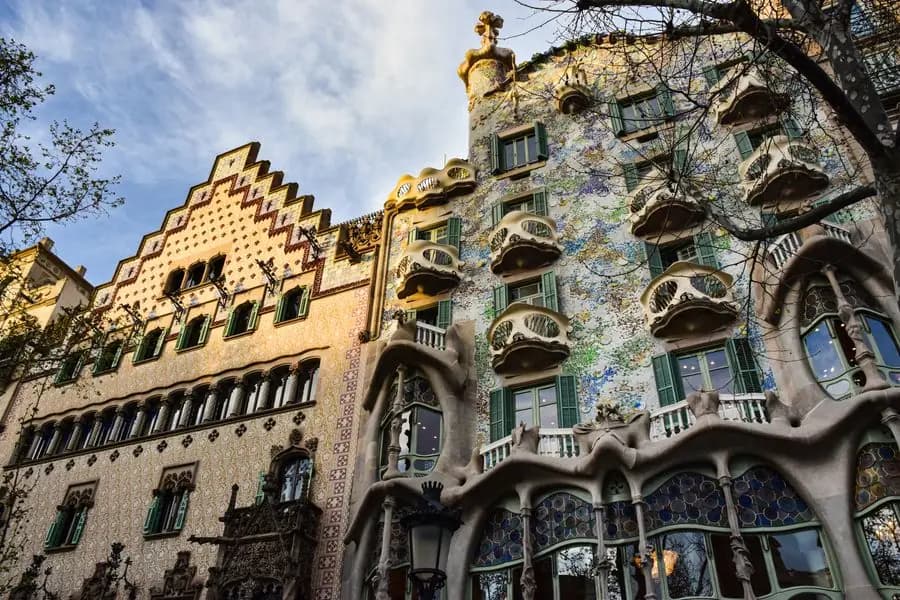 Facade of Casa Batlló, with its balconies and coloured glass