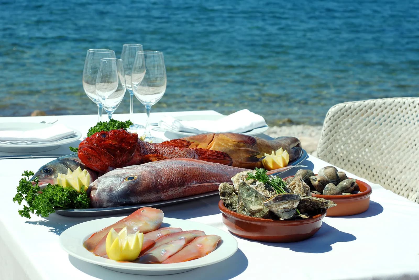 Seafood platter laid out at Es Torrent, Ibiza
