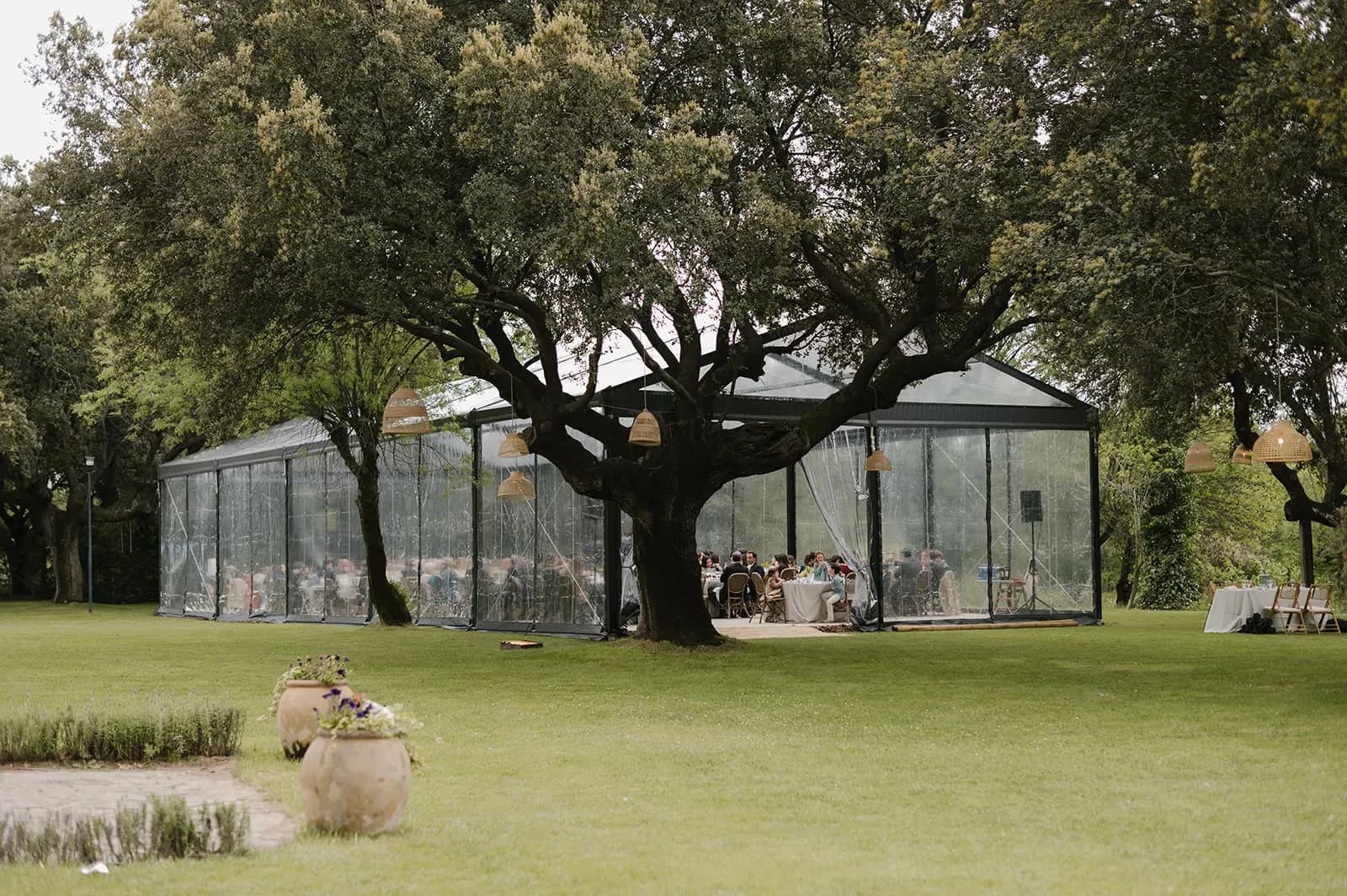 Glass marquee under the oaks of the Dehesa de Abantos