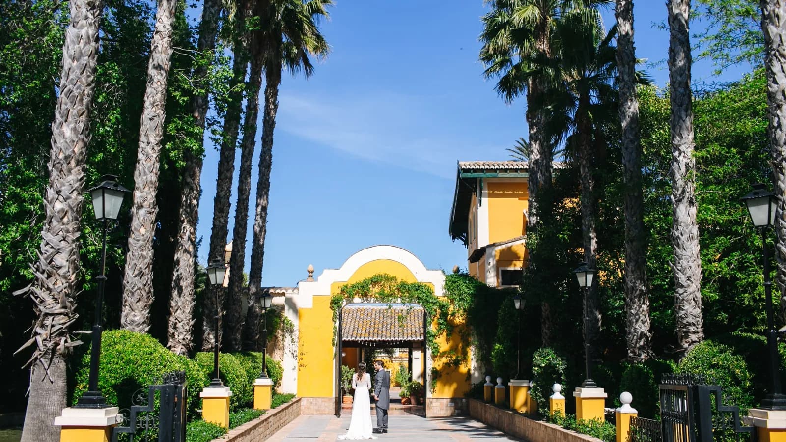 Masía entrance lined with palm trees