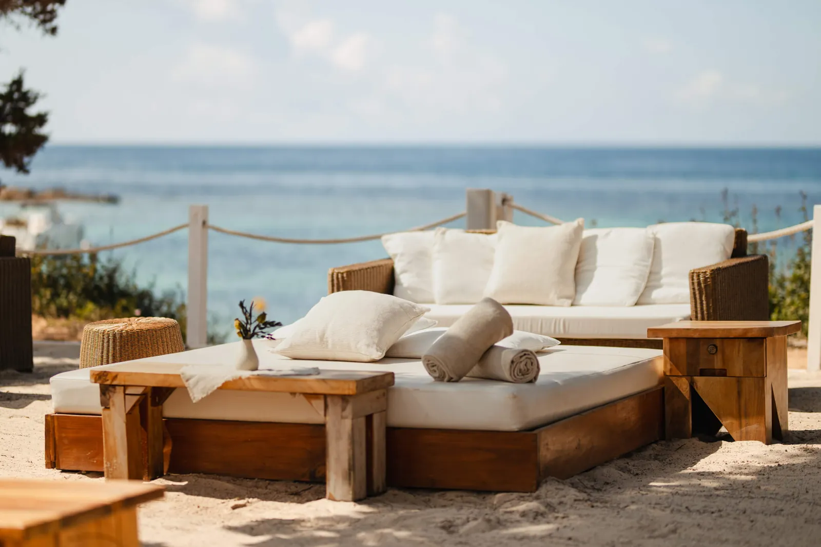 White sofa by the sea at Nikki Beach Ibiza with horizon view