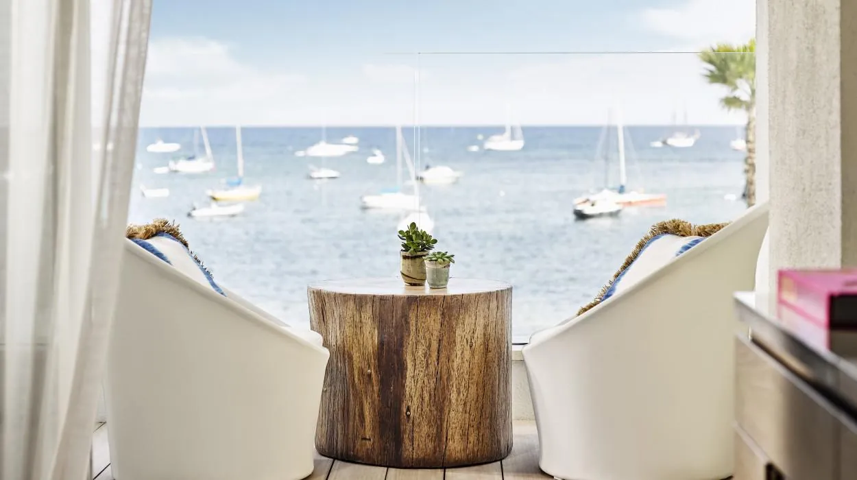 View over Ibiza bay from a terrace at Nobu Hotel Ibiza Bay