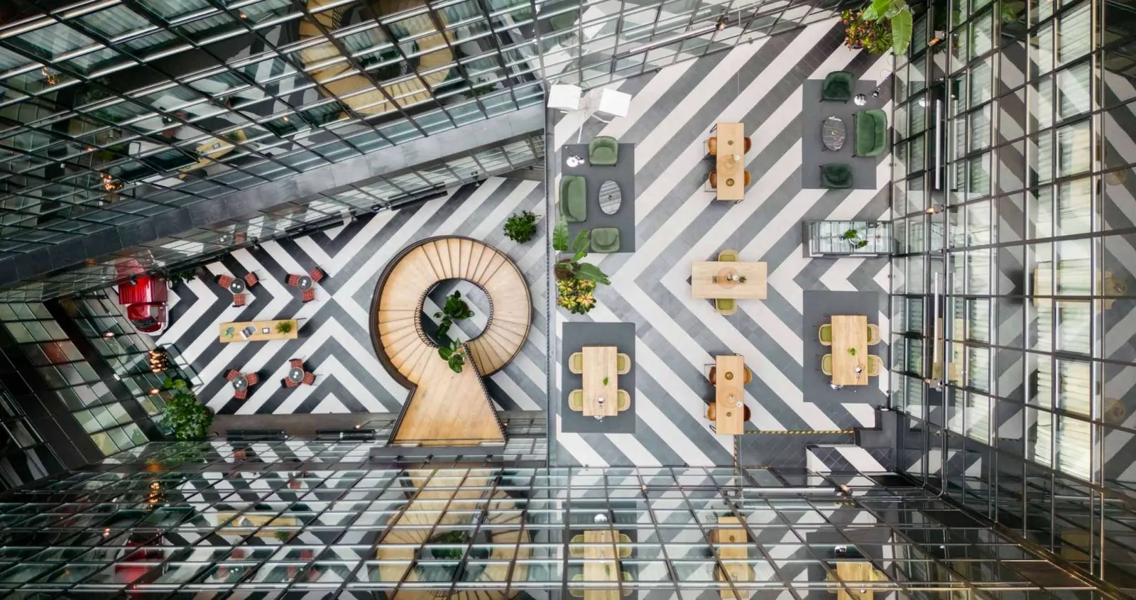 Interior courtyard of Only YOU Hotel Atocha seen from above, Madrid