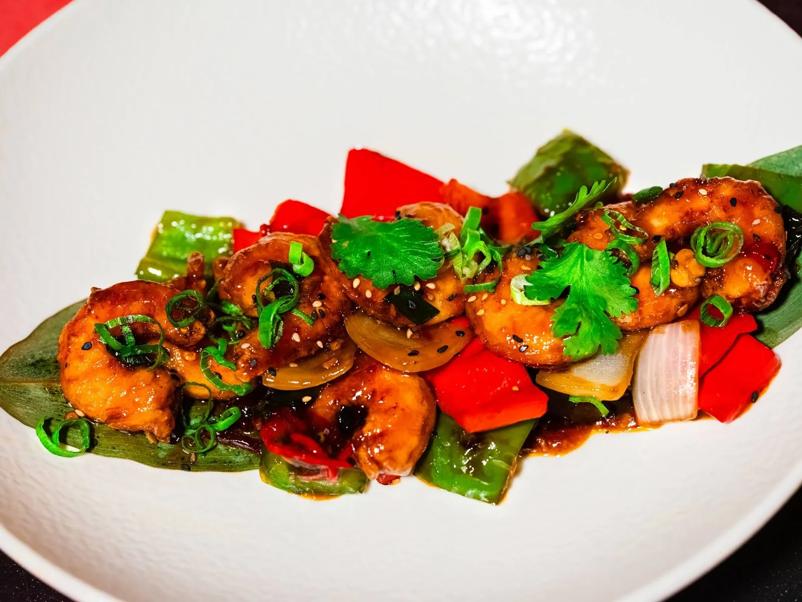 Glazed prawns with sesame and peppers, a dish at Chi Kee Wun restaurant in Ibiza