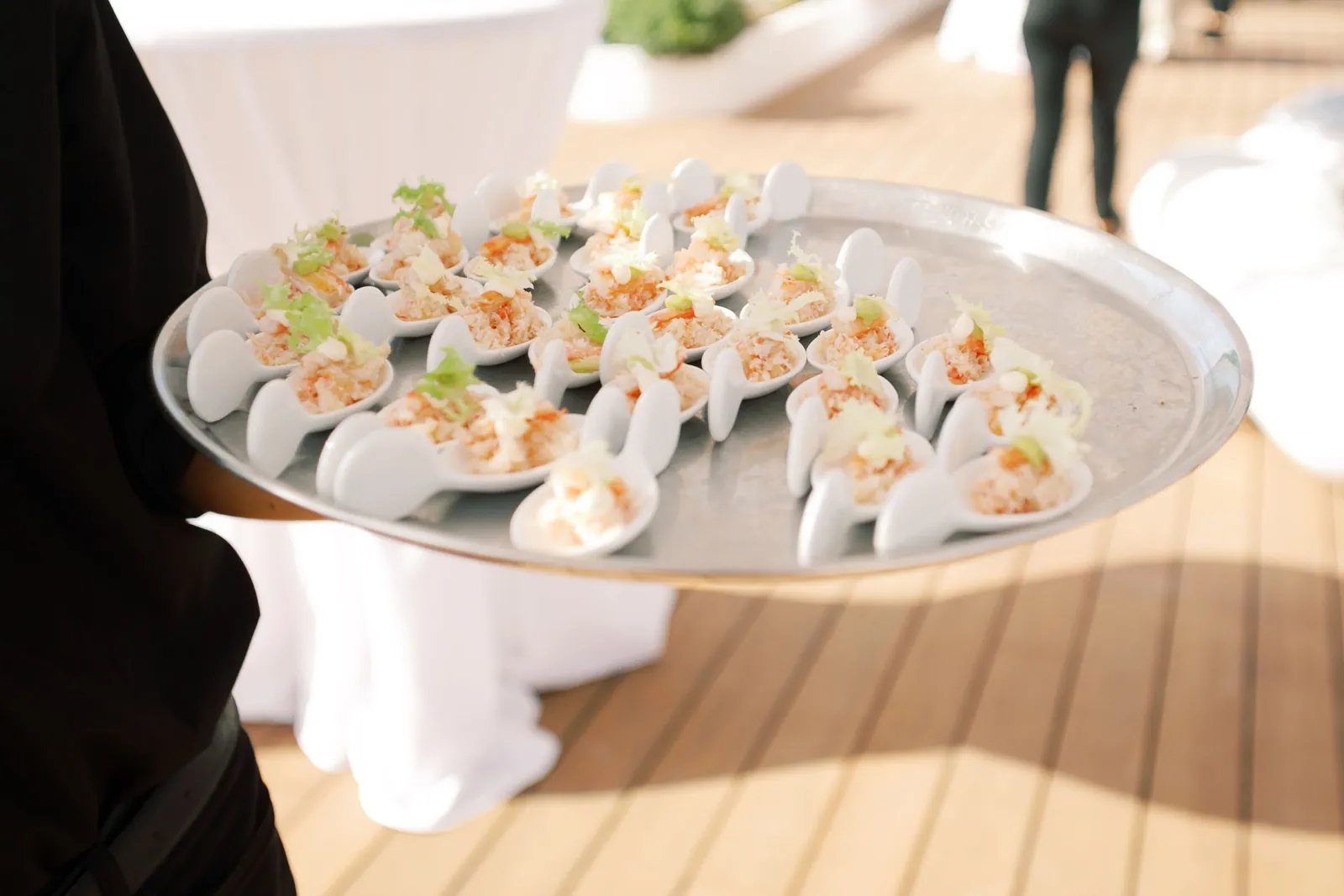 Canapés served on a metal tray at an event at Hacienda Na Xamena in Ibiza