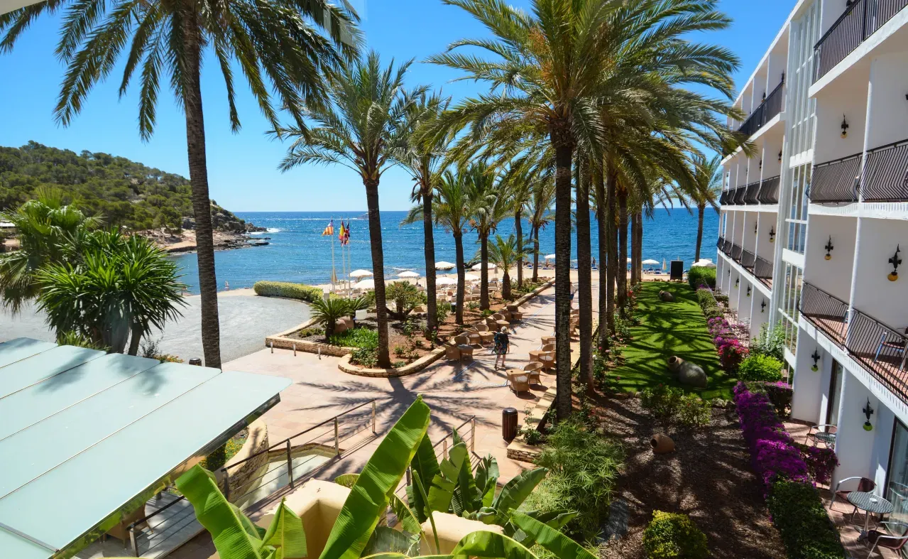 Palm trees and sea view from Mirador des Port in Maó, Menorca