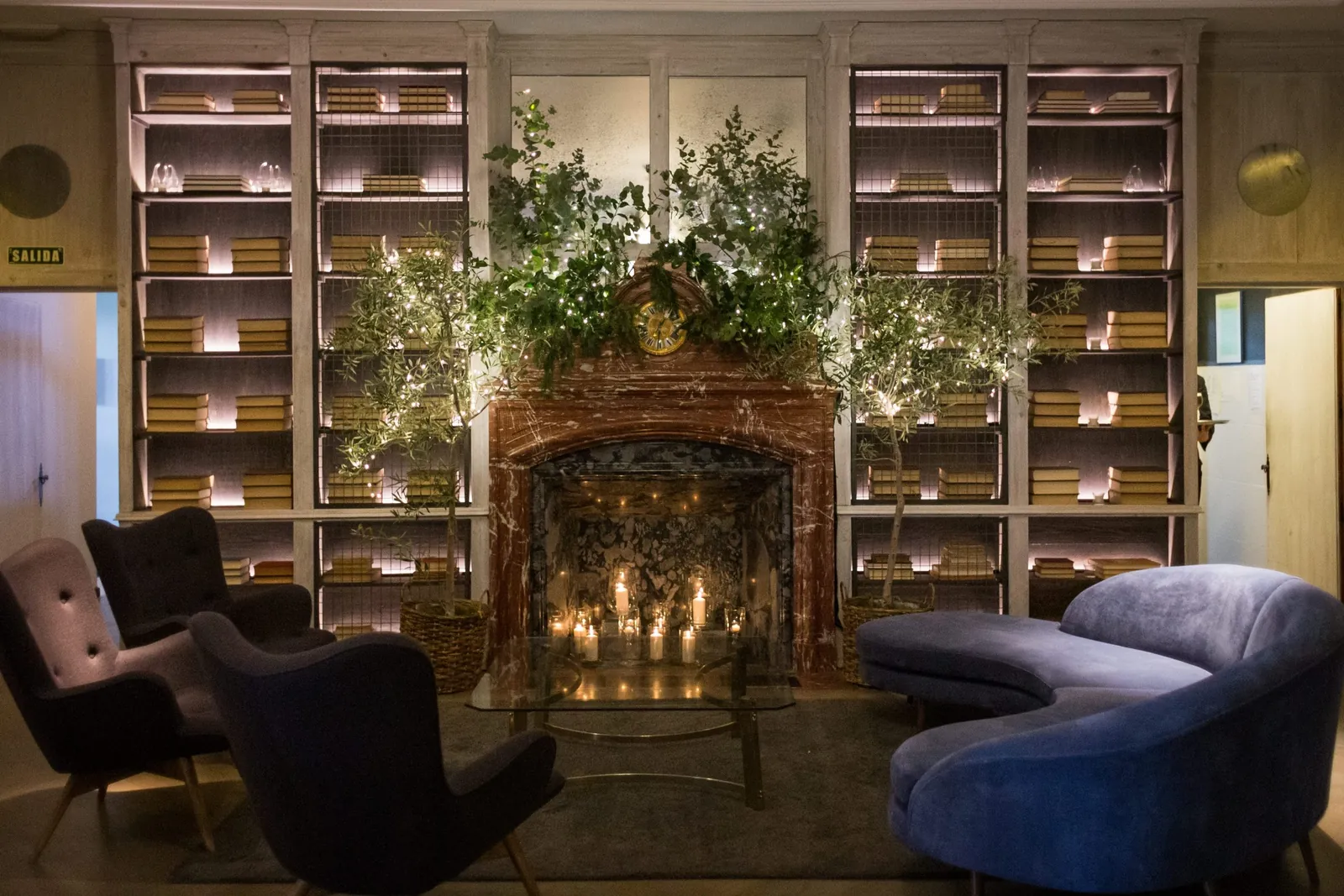 Library salon with fireplace